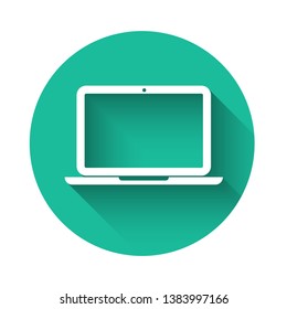 White Laptop icon isolated with long shadow. Computer notebook with empty screen sign. Green circle button. Vector Illustration