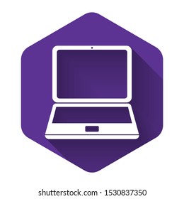 White Laptop icon isolated with long shadow. Computer notebook with empty screen sign. Purple hexagon button. Vector Illustration