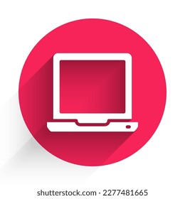 White Laptop icon isolated with long shadow background. Computer notebook with empty screen sign. Red circle button. Vector