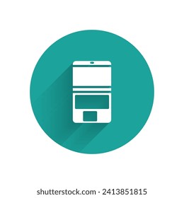 White Laptop icon isolated with long shadow. Computer notebook with empty screen sign. Green circle button. Vector Illustration
