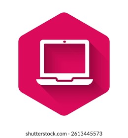 White Laptop icon isolated with long shadow background. Computer notebook with empty screen sign. Pink hexagon button. Vector