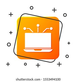 White Laptop icon isolated on white background. Technology and devices concept.. Orange square button. Vector Illustration