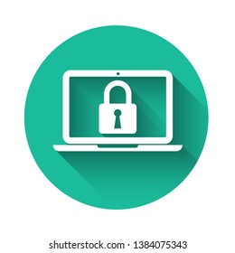 White Laptop and lock icon isolated with long shadow. Computer and padlock. Security, safety, protection concept. Safe internetwork. Green circle button. Vector Illustration
