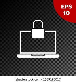 White Laptop and lock icon isolated on transparent dark background. Computer and padlock. Security, safety, protection concept. Safe internetwork.  Vector Illustration