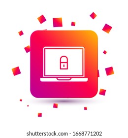 Portátil blanco e icono de bloqueo aislado en fondo blanco. Ordenador y candado. Concepto de seguridad, seguridad y protección. Internet seguro. Botón Color cuadrado. Ilustración vectorial
