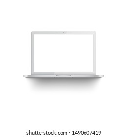White laptop mockup with blank screen, front view of realistic 3d silver with empty monitor and shadow underneath, modern technology equipment. Isolated vector illustration on white background