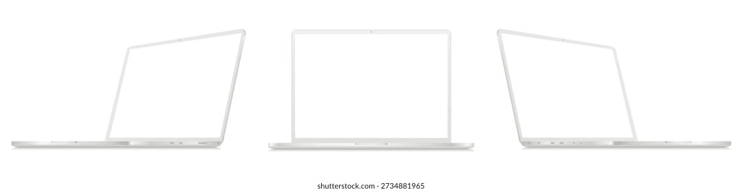 White laptop mockup. Clay laptop front and side view with blank screen isolated