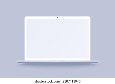 White Laptop Mockup. Clay Notebook In 3d Realistic Style For Promo Your Web Design Or Presentation. Clay Laptop With Blank Screen Isolated On Purple Background With Shadow.