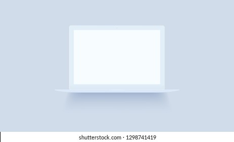 White laptop mockup on background. Macbook with blank screen. Open notebook front view. Modern thin ultrabook vector illustration. Realistic isolated model with place for text or advertising.