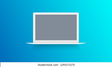 White laptop mockup on color background. Macbook with blank screen. Open notebook front view. Modern thin ultrabook vector illustration. Realistic isolated model with place for text or advertising.