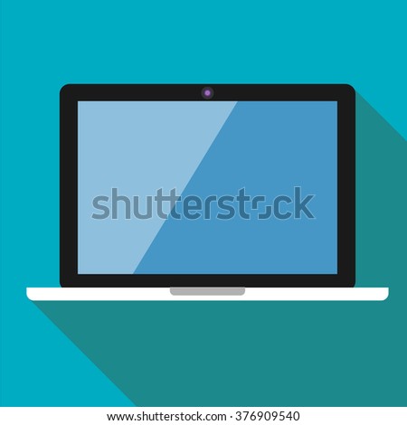 The white laptop on a blue background in flat style