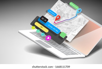 White laptop on a gray background with a navigation app interface in space. Vector banner