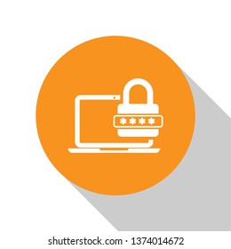White Laptop with password notification and lock icon isolated on white background. Concept of security, personal access, user authorization, login form. Orange circle button. Vector Illustration