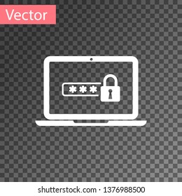 White Laptop with password notification and lock icon isolated on transparent background. Concept of security, personal access, user authorization, login form. Vector Illustration