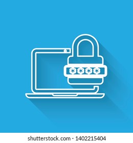 White Laptop with password notification and lock line icon isolated with long shadow. Concept of security, personal access, user authorization, login form. Vector Illustration