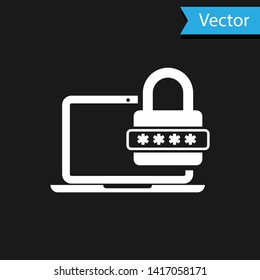White Laptop with password notification and lock icon isolated on black background. Concept of security, personal access, user authorization, login form. Vector Illustration