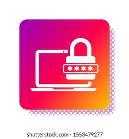 White Laptop with password notification and lock icon isolated on white background. Security, personal access, user authorization, login form. Square color button. Vector Illustration