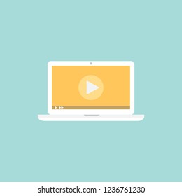 White laptop with play button on screen. Watch tutorials sign isolated on blue. Flat vector simple icon. video button. online player symbol. Good for web and mobile design. 