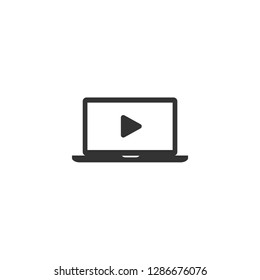 White laptop with play button on screen. Watch tutorials sign isolated on blue. Flat vector simple icon. video button. online player symbol. Good for web and mobile design. 
