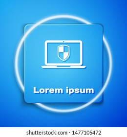 White Laptop protected with shield icon isolated on blue background. Internet security. PC security, firewall technology, privacy safety. Blue square button. Vector Illustration