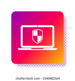 White Laptop protected with shield icon isolated on white background. Internet security. PC security, firewall technology, privacy safety. Square color button. Vector Illustration