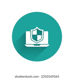White Laptop protected with shield icon isolated with long shadow. PC security, firewall technology, privacy safety. Green circle button. Vector