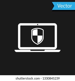 White Laptop protected with shield symbol icon isolated on black background. Internet security concept. PC security, firewall technology, privacy safety. Vector Illustration