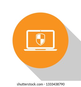 White Laptop protected with shield symbol icon on white background. Internet security concept. PC security, firewall technology, privacy safety. Orange circle button. Flat design. Vector Illustration