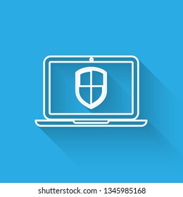 White Laptop protected with shield symbol icon isolated with long shadow. Internet security concept. PC security, firewall technology, privacy safety. Vector Illustration