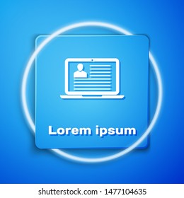 White Laptop with resume icon isolated on blue background. CV application. Searching professional staff. Analyzing personnel resume. Blue square button. Vector Illustration