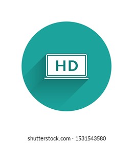 White Laptop screen with HD video technology icon isolated with long shadow. Green circle button. Vector Illustration