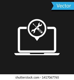 White Laptop with screwdriver and wrench icon isolated on black background. Adjusting, service, setting, maintenance, repair, fixing.  Vector Illustration