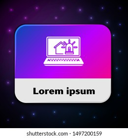 White Laptop with smart house and alarm icon isolated on black background. Security system of smart home. Rectangle color button. Vector Illustration