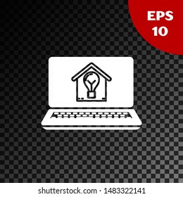White Laptop with smart house and light bulb icon isolated on transparent dark background.  Vector Illustration
