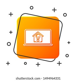 White Laptop with smart house and light bulb icon isolated on white background. Orange square button. Vector Illustration