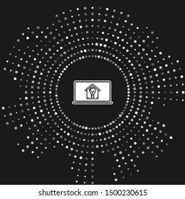 White Laptop with smart house and light bulb icon isolated on grey background. Abstract circle random dots. Vector Illustration