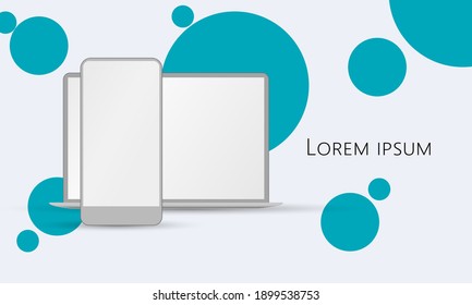 White laptop and smartphone with blank screen on modern background. Device gadget UI UX mockup for business presentation design. Vector illustration for mobile app, social network.