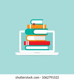 white laptop with stack of colorful books. Isolated on powder blue background. Flat vector simple icon. Internet knowledge symbol. Good for web and mobile design.  on-line education sign. 
