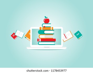 white laptop with stack of colorful books. Isolated on powder blue background. Flat vector simple icon. Internet knowledge symbol. Good for web and mobile design.  on-line education sign. 