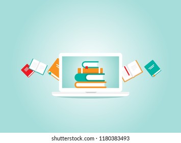 white laptop with stack of colorful books. Isolated on powder blue background. Flat vector simple icon. Internet knowledge symbol. Good for web and mobile design.  on-line education sign. 