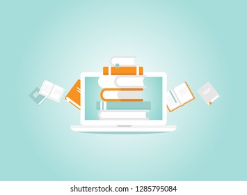 white laptop with stack of colorful books. Isolated on powder blue background. Flat vector simple icon. Internet knowledge symbol. Good for web and mobile design.  on-line education sign. 