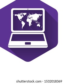 White Laptop with world map on screen icon isolated with long shadow. World map geography symbol. Purple hexagon button. Vector Illustration