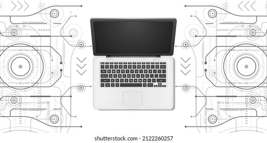 White laptop.Technological drawing of the future.Engineering innovation.HUD digital design .Vector illustration.