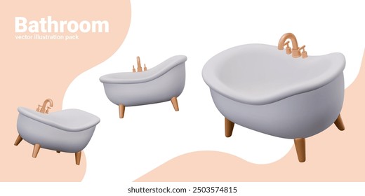 White large bathtub on legs with faucet. Realistic model with nobody