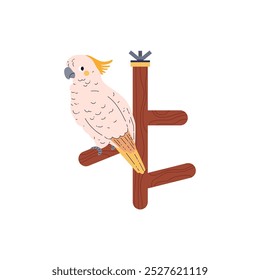 Grande loro blanco de cacatúa con peine amarillo brillante. Pájaro tropical exótico se sienta en la percha de madera especial para los pájaros. Elemento decorativo para jaula. Lindo personaje. Ilustración vectorial sobre fondo blanco.