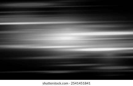 White laser beams isolated on black background. Abstract light effect. Green lens flash. Horizontal rays glowing in the dark. Light Speed ​​vector illustration, road.