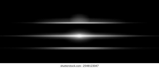 White laser beams isolated on black background. White lens flash. Horizontal rays glowing in the dark. Abstract light effect line. Speed ​​vector illustration, road.