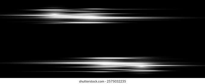 White laser beams isolated on black background. Abstract light effect. Blue lens flash. Horizontal rays glowing in the dark. Speed ​​vector illustration. road.	