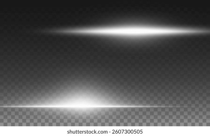 White laser beams isolated on black background. Abstract light effect. Blue lens flash. Horizontal rays glowing in the dark. Speed ​​vector illustration. road.	
