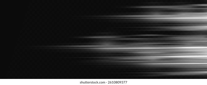 	
White laser beams isolated on black background. Abstract light effect. Blue lens flash. Horizontal rays glowing in the dark. Speed ​​vector illustration. road.	
